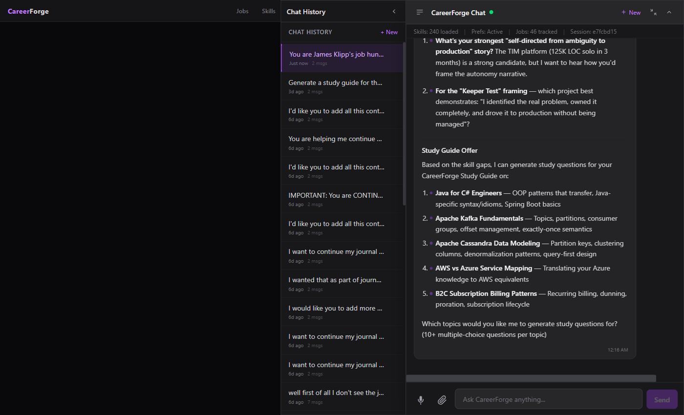 CareerForge chat panel showing real-time Claude conversation with workspace file explorer and chat history sidebar