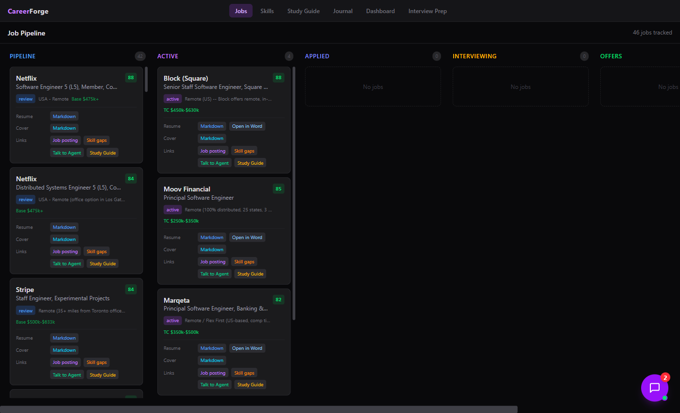 CareerForge job pipeline showing Kanban board with Netflix, Block, and Moov Financial opportunity cards with fit scores and artifact links