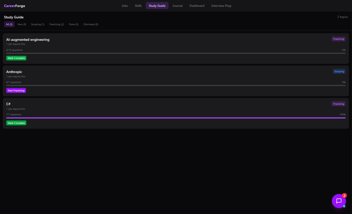 CareerForge study guide showing generated topics with question counts and progress tracking