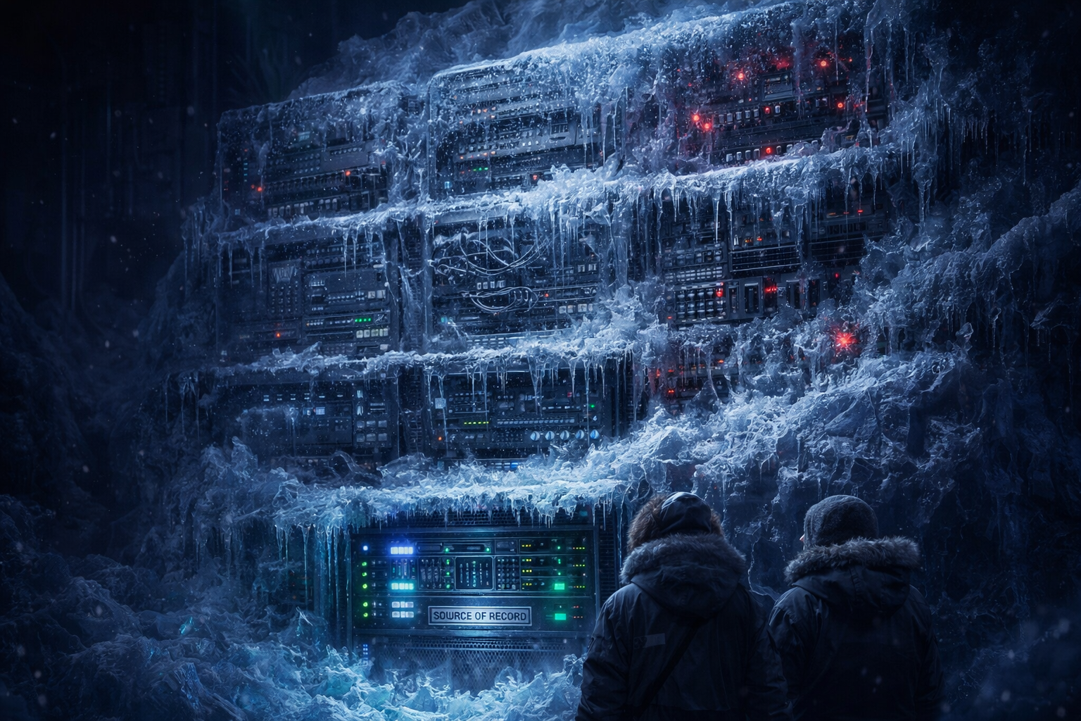 A glacier slowly encasing a server room