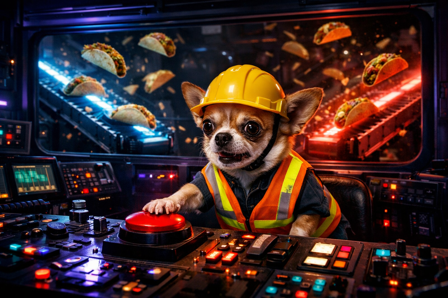 A chihuahua managing a chaotic taco assembly line