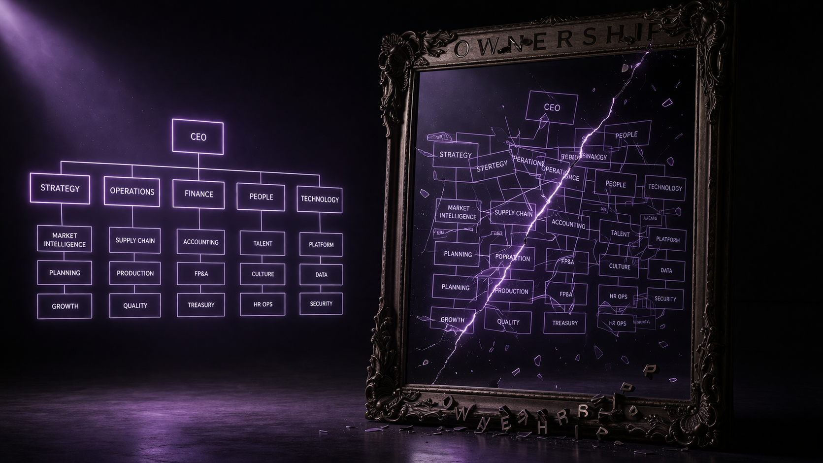 An org chart reflected as fragmented system architecture in a cracked mirror