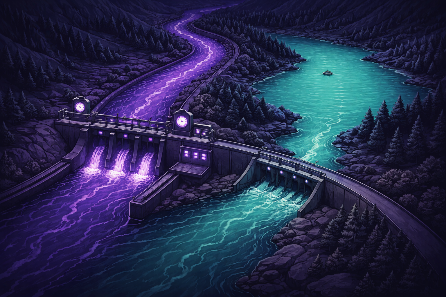River splitting at a dam into controlled and free-flowing channels