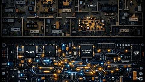 Office floor plan mirroring a circuit board — team boundaries map to system boundaries