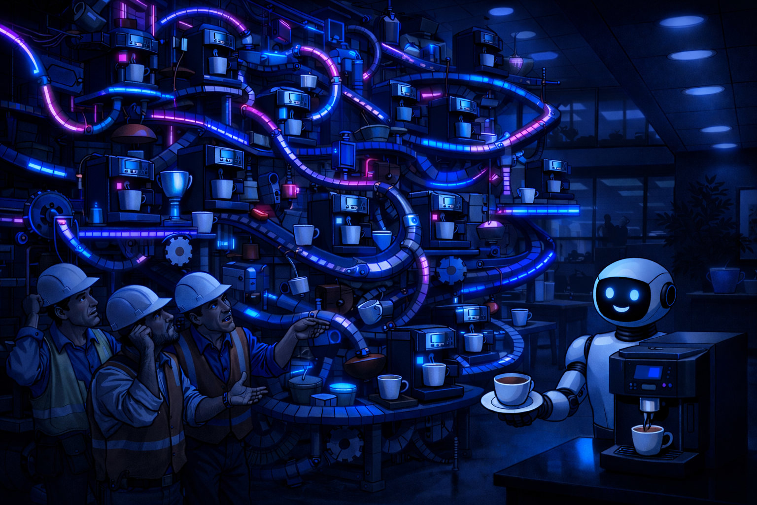 A massive Rube Goldberg machine of duplicate coffee machines — each team built their own