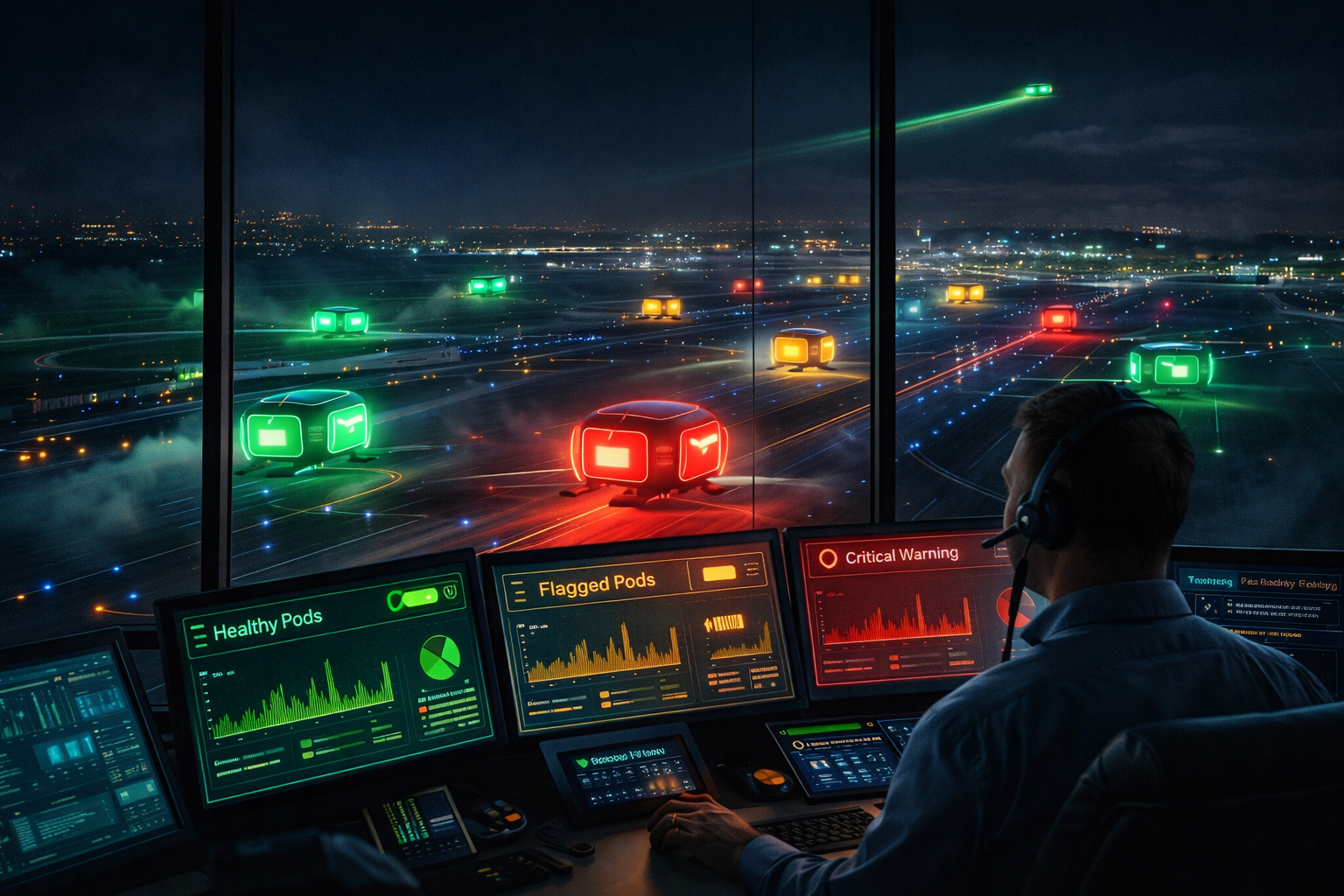 Air traffic control tower overlooking software service pods landing and taking off on glowing runways