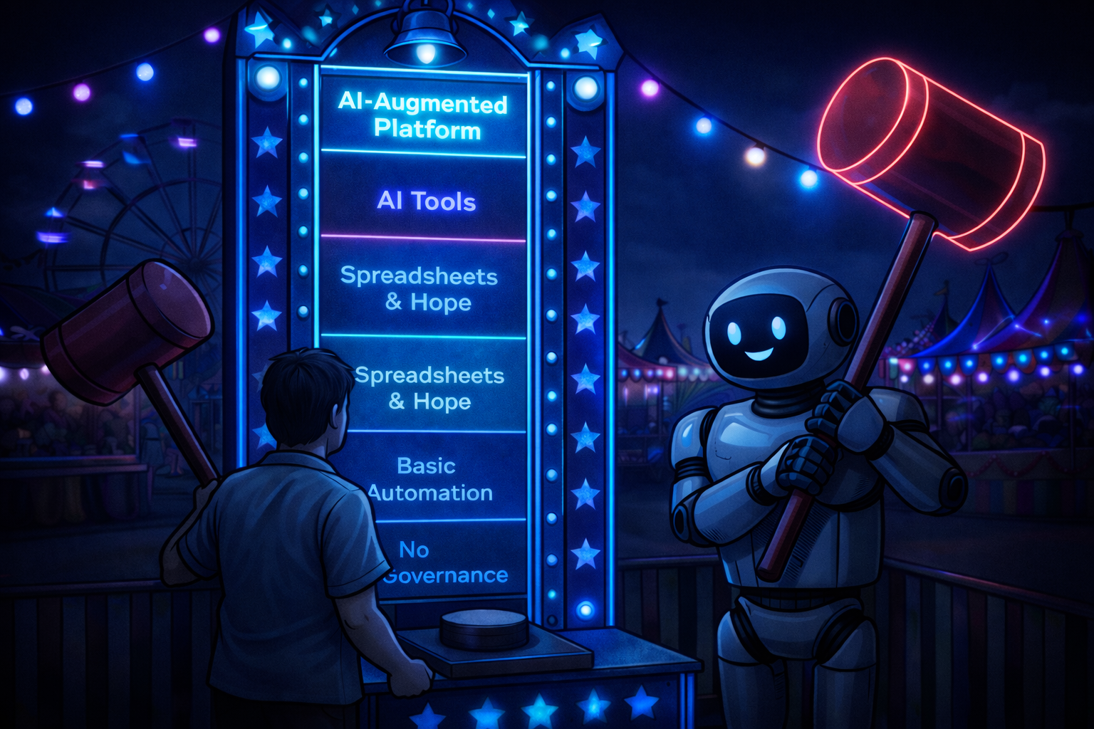 Person at a carnival strength test game stuck at 'Spreadsheets and Hope' while a robot holds a bigger hammer